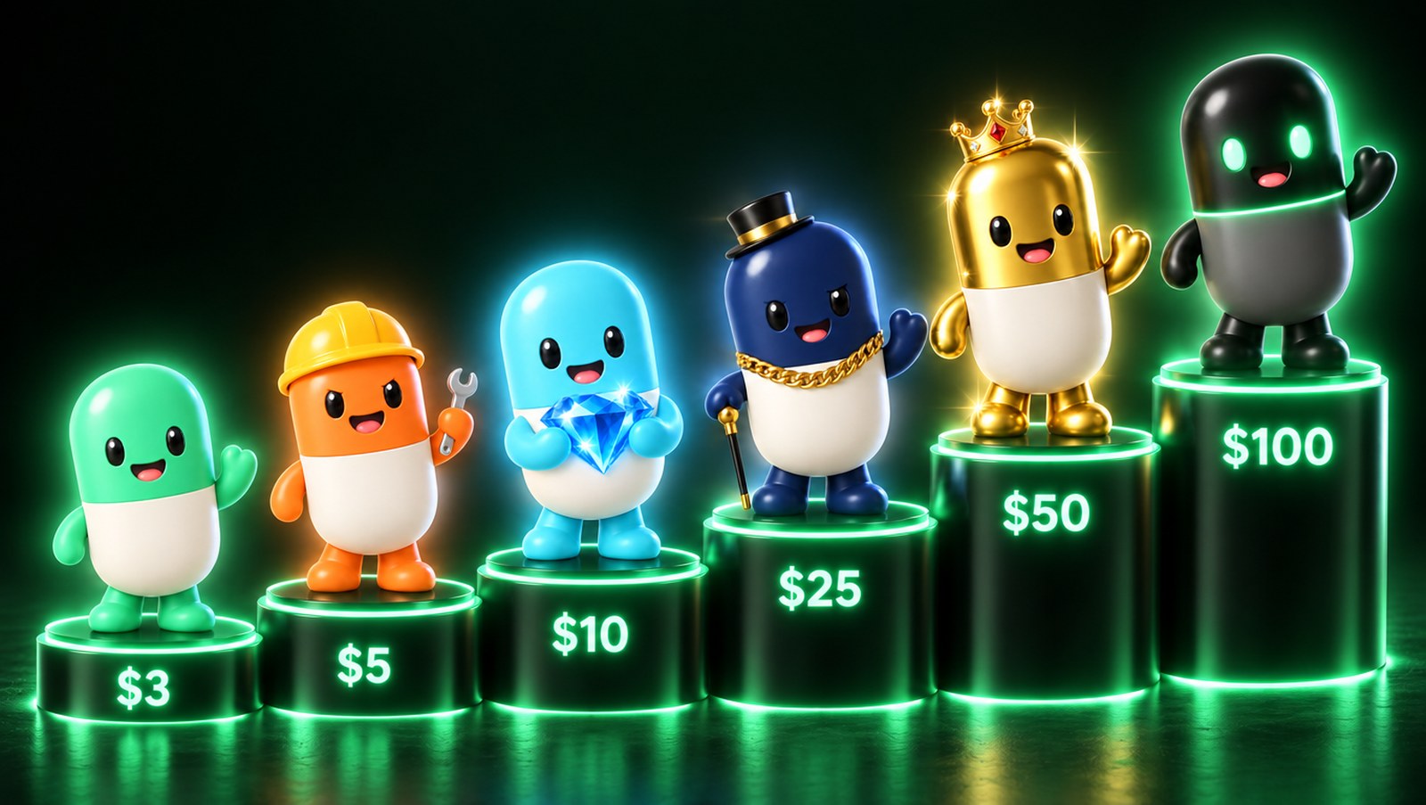Six doses on rising pedestals, $3 to $100
